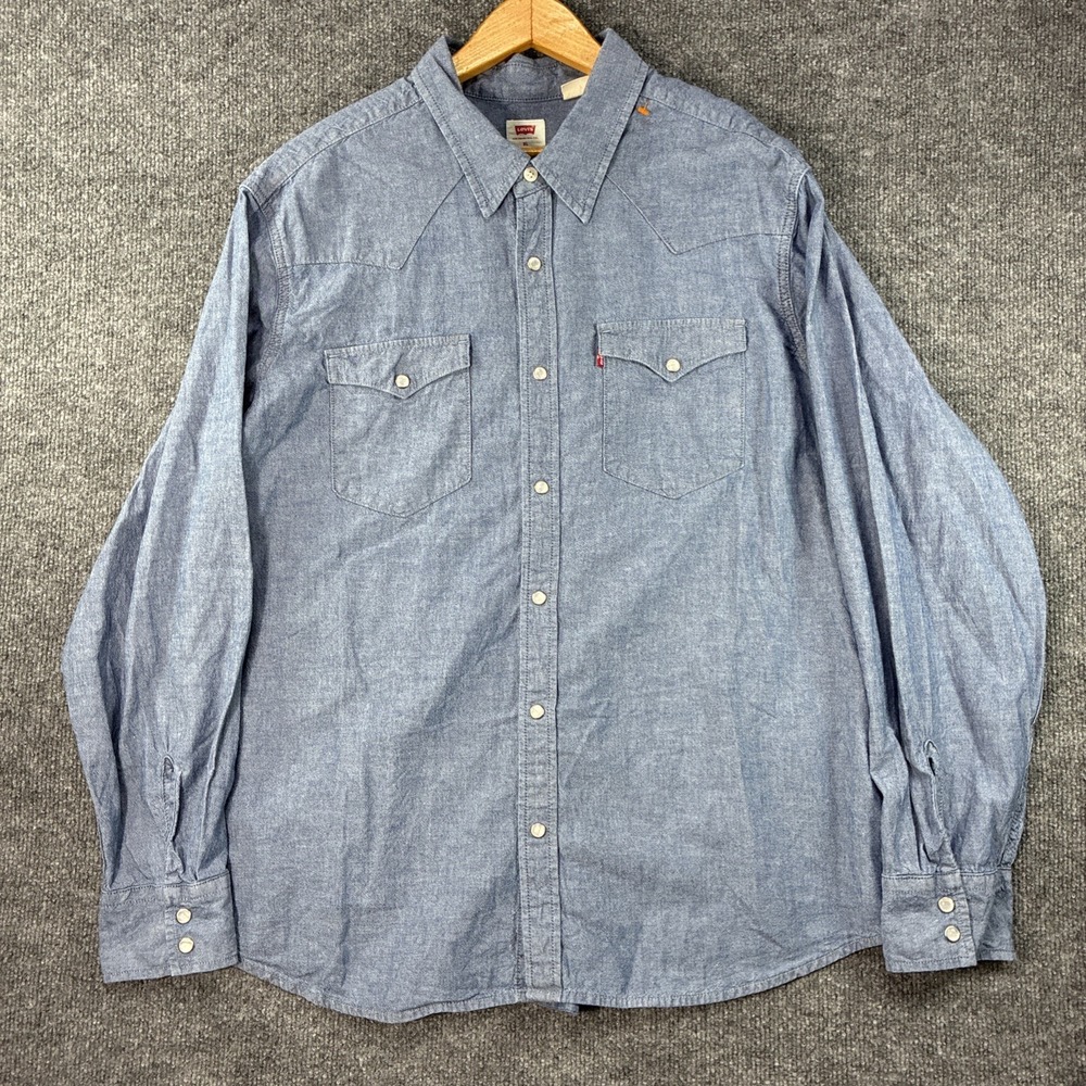 Levis Pearl Snap Denim Button Down Shirt Men's XL Light Wash Blue Western